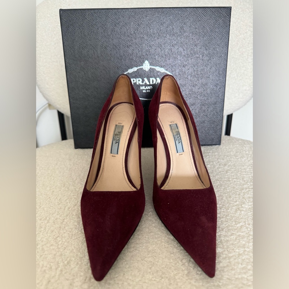Red suede Prada heels